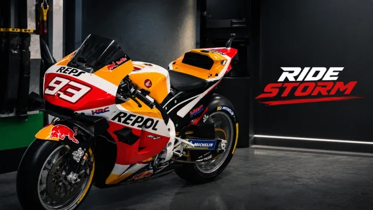 Ride Storm motorcycle showcase with the red racing logo on a dark backdrop